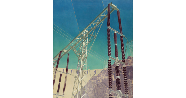 An oil painting of a power grid viewed from below, with a bright blue sky and dam in the background.