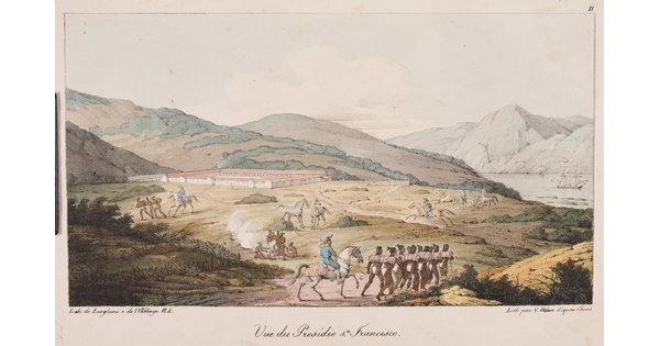 A color print of a valley landscape with Indigenous people being moved along a road by men on horseback toward a fort in the background.
