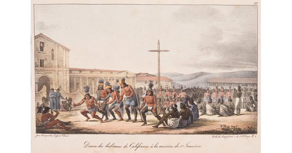 A color print of Indigenous people gathered in a courtyard, several dancing in the foreground, around a cross erected in the center.