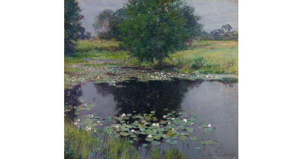 An impressionist-style oil painting of a dark pond with floating water lilies and lush green surroundings.