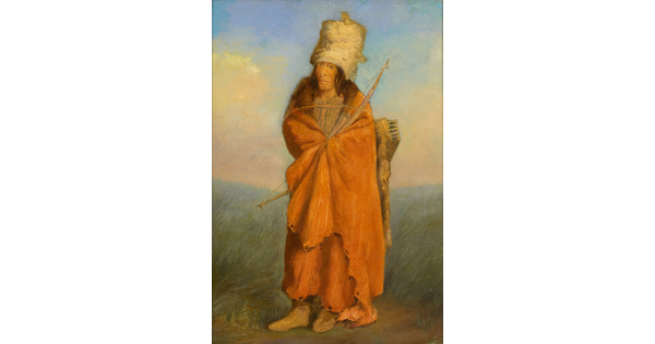 An oil portrait painting of an Indigenous man wrapped in an orange blanket, wearing a tall fur hat, holding a bow and arrows on a grassy landscape.