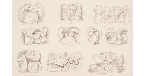 A drawing of 10 unique sketches, some with curvy, abstract shapes and some with human figures.