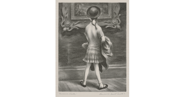 A black-and-white print of a little girl seen from behind wearing a hat and skirt looking at an artwork in a decorative frame hanging on the wall.