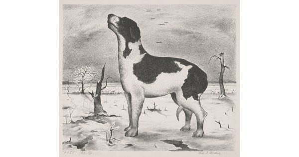 A black-and-white print of a black-and-white dog, tail tucked between its legs, standing alone outside in a desolate landscape.