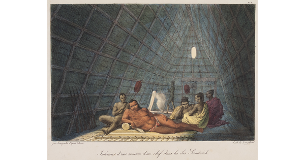 A color print of Indigenous people, one lounging on a mat being fanned by another, inside a tall structure.
