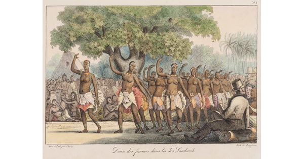 A color print of a parade of Indigenous women in traditional skirts, traveling through a crowd of Indigenous and White onlookers in an outdoor setting.