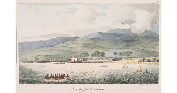 A color print of Indigenous people in a small boat along a coast with a fort and small huts; additional boats are in the water.