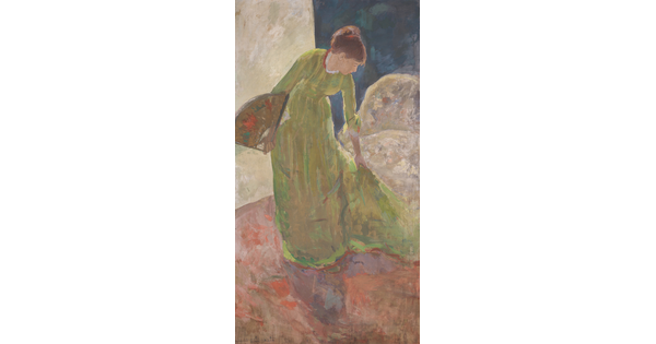 A painting of a White woman in a green dress holding a fan and bending to arrange the train of her dress.