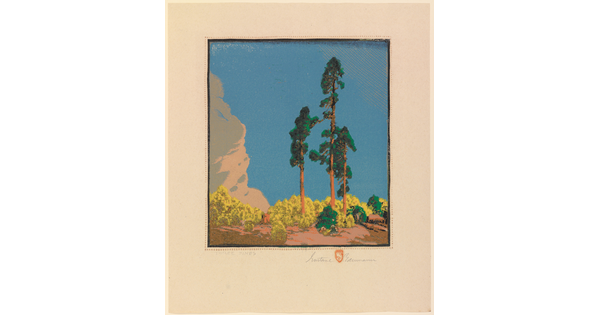 A color landscape print of three tall trees against a blue sky.