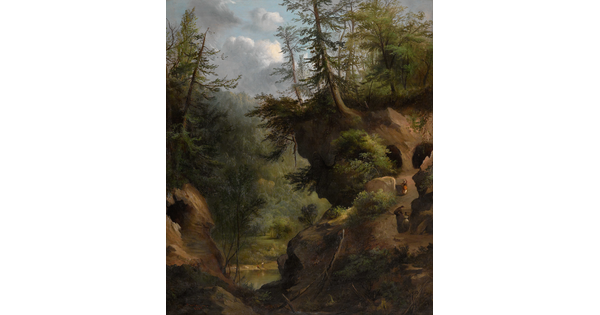 An oil painting of a lush forest and river valley with three people walking up a dirt path toward caves tucked into the side of the hills.