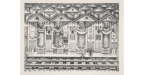 A stylized black-and-white print of four Black women, each standing in the doorway of a house, in front of railroad tracks.