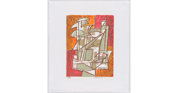 A color print of gray and white geometric shapes on a background of red and orange rectangles.