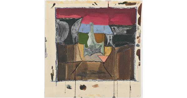 An abstract, colorful drawing with horizontal bands of dark red, black, and brown; at center is an abstract figure framed by brighter tones.