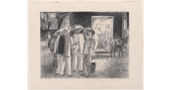 A black-and-white drawing of men, most wearing sombreros, talking in a street in front of a bar; a donkey stands outside the entrance.