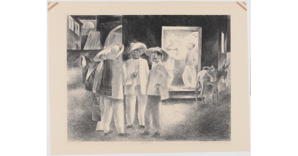 A black-and-white drawing of men, most wearing sombreros, talking in a street in front of a bar; a donkey stands outside the entrance.