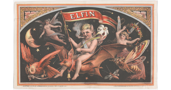 A color print of a White elf smoking a cigar, riding a bat, and holding a banner that says "ELFIN," surrounded by winged fairies, an owl, moths, a crescent moon, stars, in an ornate frame.