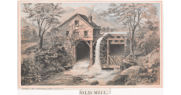 A color print of a wood building and a water wheel above a rushing stream surrounded by trees in a mountainous landscape.