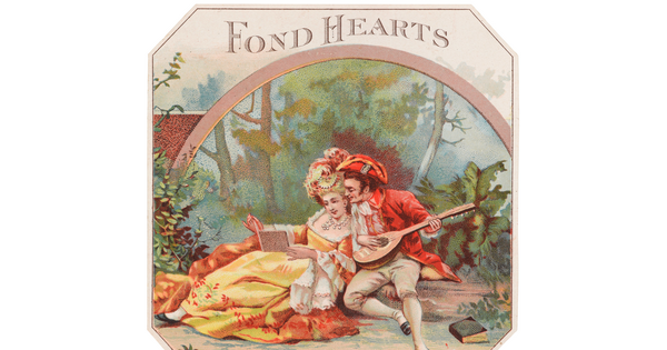 A color print of a White man and woman in 18th century fashion lounging in a wooded setting; the man is playing a lute as the woman reads a book.