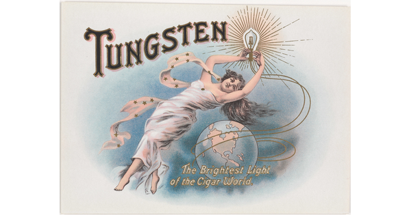 A color print of a White woman in a flowy white dress floating above a globe and holding a line drawing of a lightbulb.
