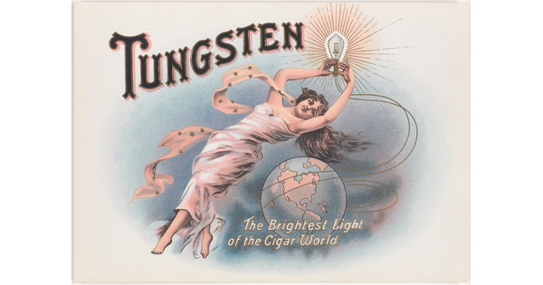A color print of a White woman in a flowy white dress floating above a globe and holding a line drawing of a lightbulb.