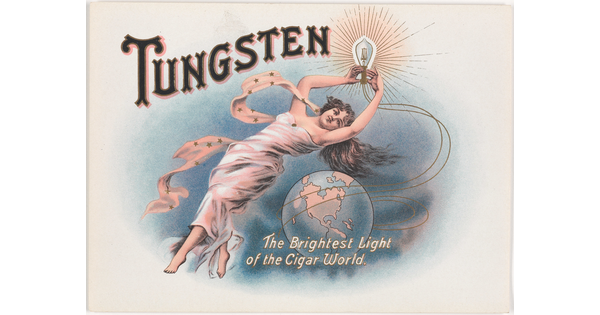 A color print of a White woman in a flowy white dress floating above a globe and holding a line drawing of a lightbulb.
