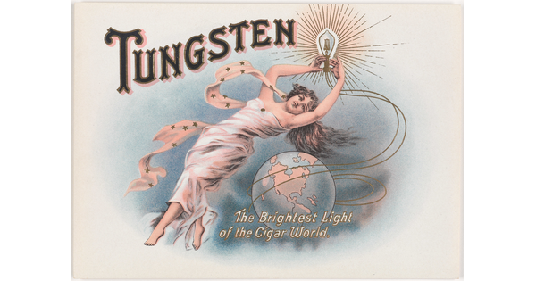 A color print of a White woman in a flowy white dress floating above a globe and holding a line drawing of a lightbulb.