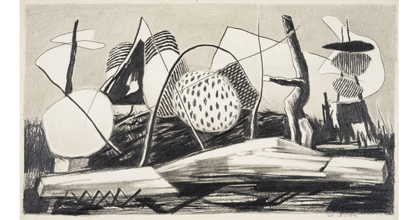An abstract black-and-white drawing of shapes, lines, and patterns on a grassy landscape.