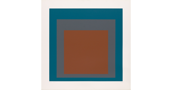 An abstract color print of three squares nested from largest to smallest in dark teal, dark gray, and dark red.