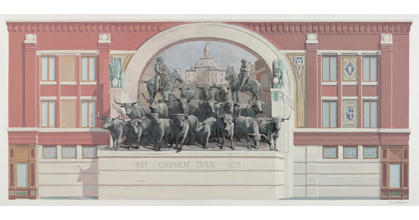 A color drawing of a building mural showing two men on horses directing a group of cattle in front of them.