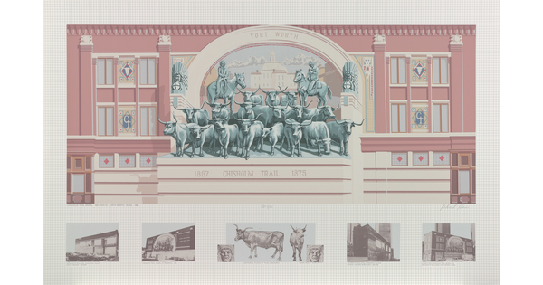 A color drawing of a building mural showing two men on horses directing a group of cattle in front of them; below are five vignettes showing various buildings.