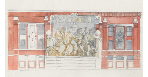 A watercolor of a building mural showing two men on horses directing a group of cattle in front of them.