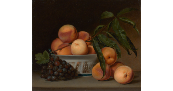 A still life oil painting of a cluster of purple grapes and several peaches next to a white, porcelain basket holding more peaches.