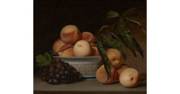 A still life oil painting of a cluster of purple grapes and several peaches next to a white, porcelain basket holding more peaches.