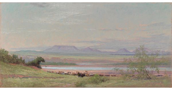 A pastel drawing of a field with cattle, a shallow body of water, and purple mountains in the distance.