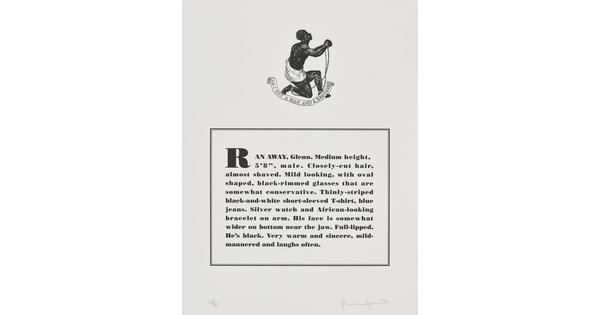 A black-and-white print of a historical graphic of an enslaved person placed above a paragraph that describes physical attributes and personality traits of the Black artist.