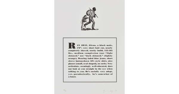A black-and-white print of a historical graphic of an enslaved person placed above a paragraph that describes physical attributes and personality traits of the Black artist.