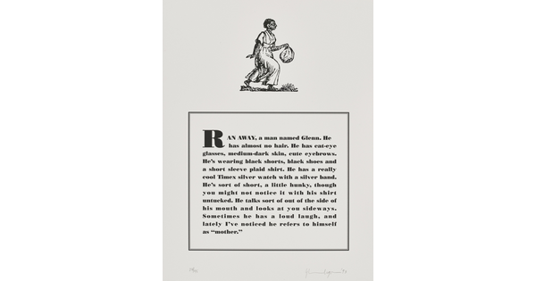 A black-and-white print of a historical graphic of an enslaved person placed above a paragraph that describes physical attributes and personality traits of the Black artist.