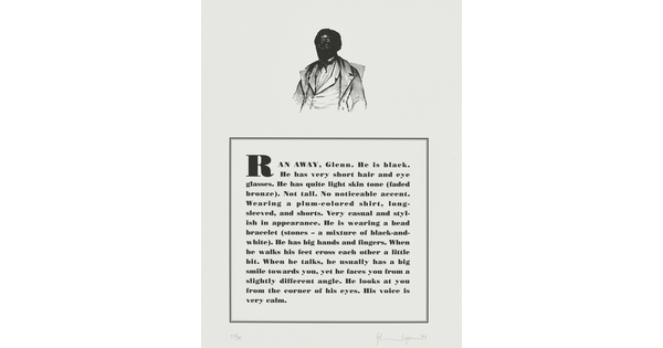 A black-and-white print of a historical graphic of an enslaved person placed above a paragraph that describes physical attributes and personality traits of the Black artist.