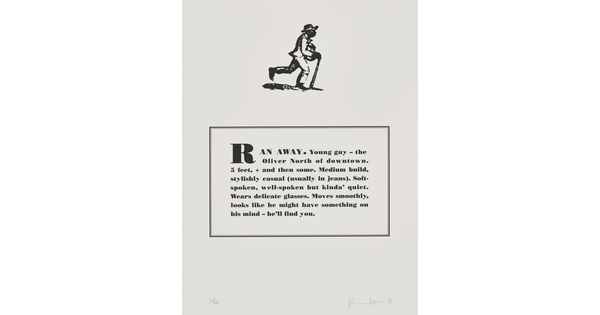 A black-and-white print of a historical graphic of an enslaved person placed above a paragraph that describes physical attributes and personality traits of the Black artist.