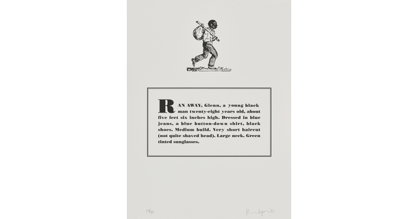 A black-and-white print of a historical graphic of an enslaved person placed above a paragraph that describes physical attributes and personality traits of the Black artist.