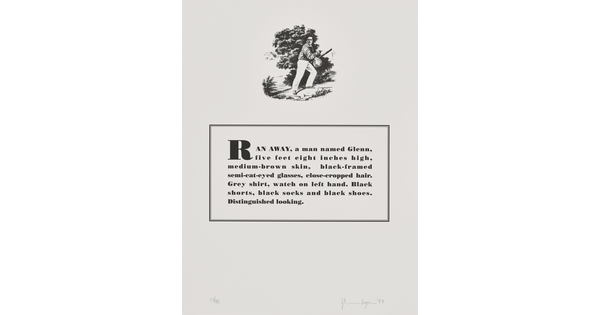 A black-and-white print of a historical graphic of an enslaved person placed above a paragraph that describes physical attributes and personality traits of the Black artist.