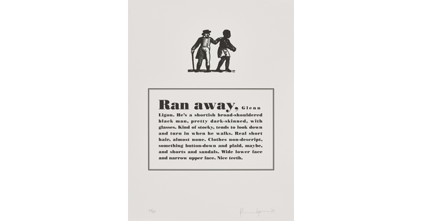 A black-and-white print of a historical graphic of an enslaved person placed above a paragraph that describes physical attributes and personality traits of the Black artist.