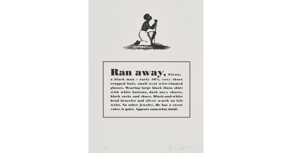 A black-and-white print of a historical graphic of an enslaved person placed above a paragraph that describes physical attributes and personality traits of the Black artist.