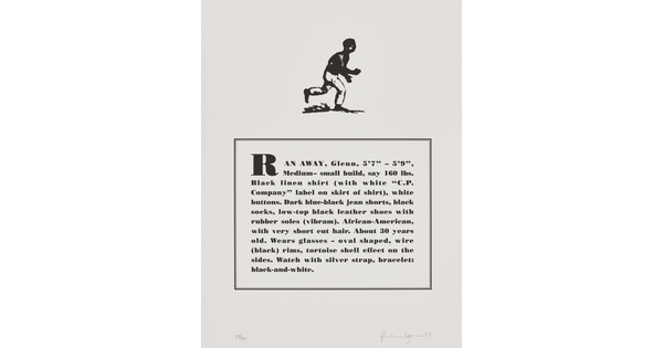 A black-and-white print of a historical graphic of an enslaved person placed above a paragraph that describes physical attributes and personality traits of the Black artist.