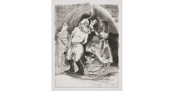A black-and-white print of a White man about to be hung as a Black woman presents a baby to him.<br />