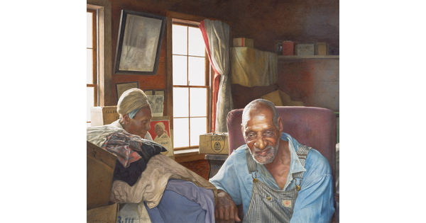 A realistic watercolor painting of an elderly Black man and woman sitting inside a home surrounded by boxes of clothing.