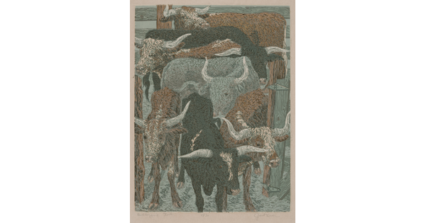 A color print of black, brown-and-white, and gray longhorn bulls in a pen.