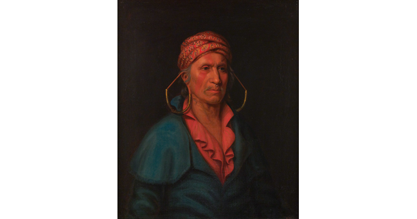 A portrait painting of a Native American man from the waist up wearing a colorful turban, large earrings, a bright red shirt and blue jacket.