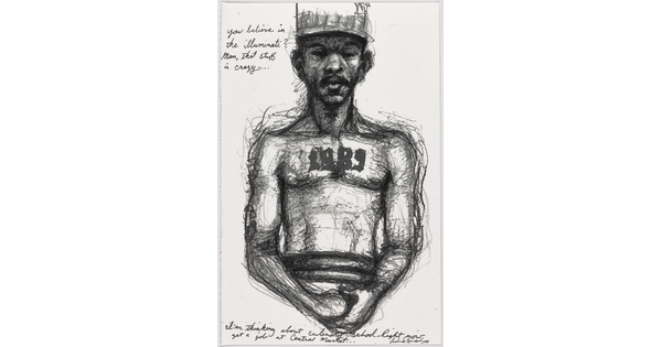 A black-and-white print of a sketch of a shirtless Black man wearing a ball cap and with a chest tattoo that says "1989."