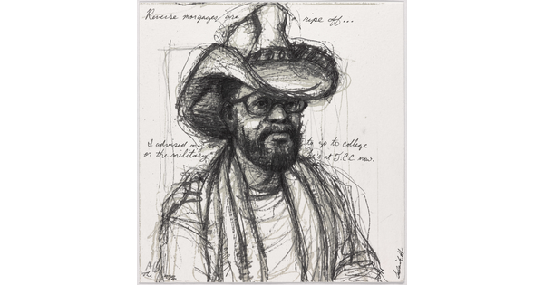 A black-and-white print of a sketch of a Black man with a beard and glasses, wearing a cowboy hat.
